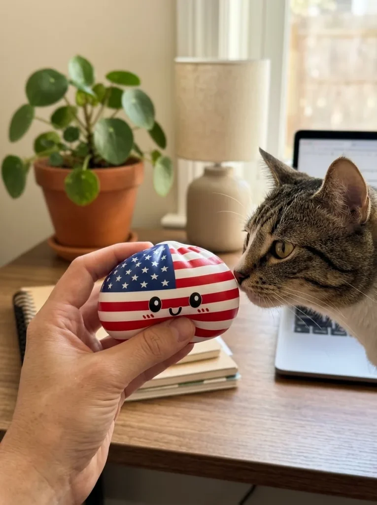 Squishy Dumpling USA tenu près d'un animal de compagnie curieux