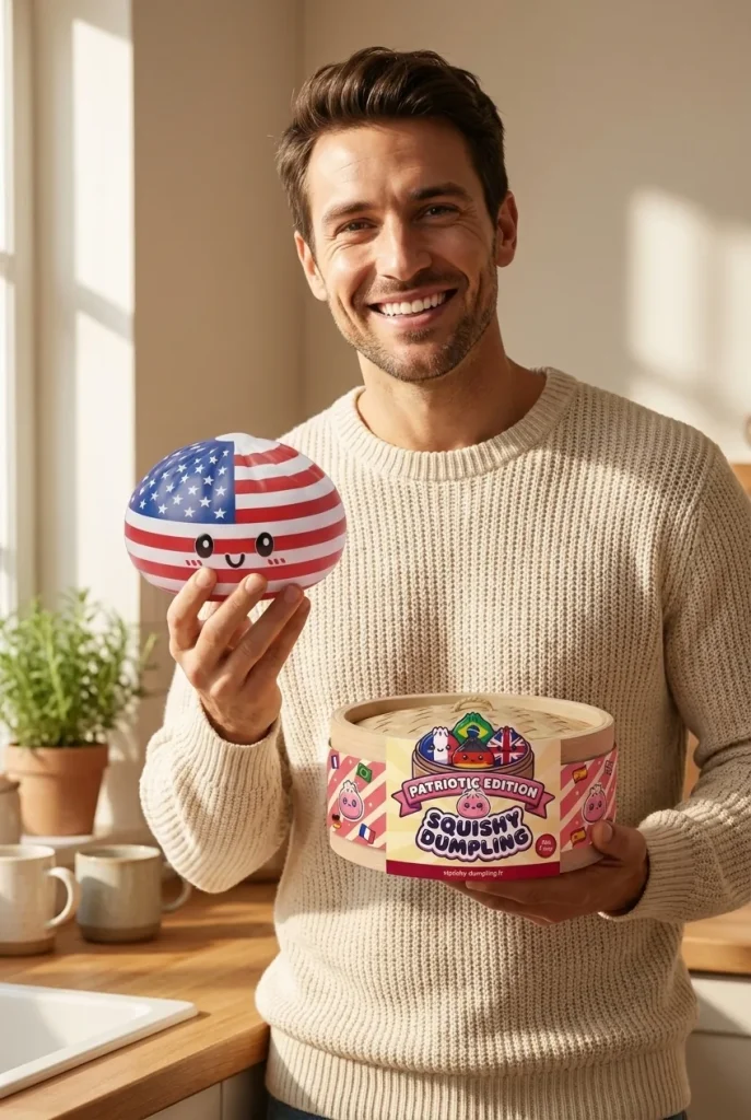 Squishy Dumpling USA présenté avec sa boîte panier vapeur — photo client
