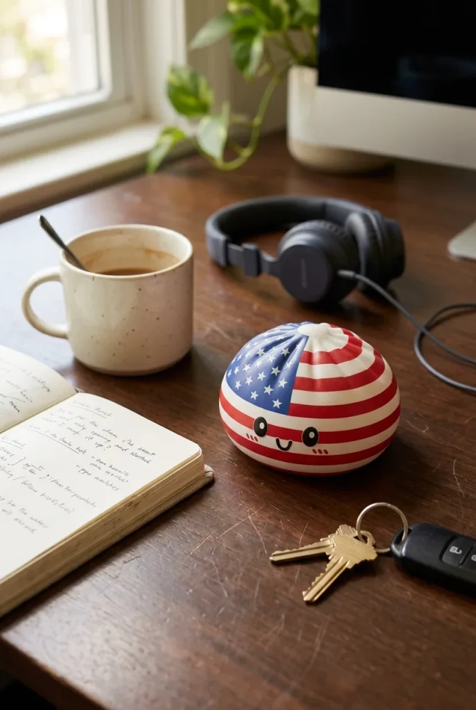 Squishy Dumpling USA posé sur un bureau, dans le quotidien