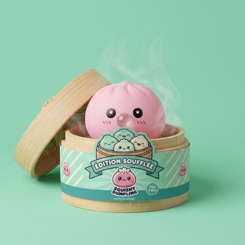 Dumpling Squishy Rose Moelleux Doux dans sa boîte panier vapeur bambou