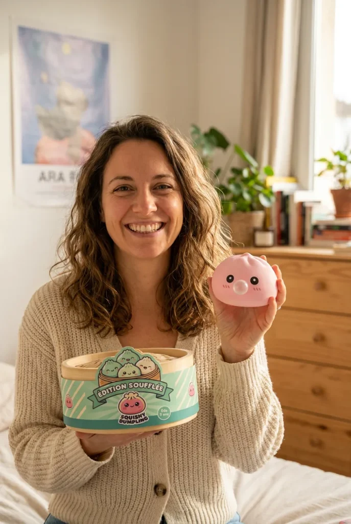 Dumpling Squishy Rose Moelleux Doux présenté avec sa boîte panier vapeur — photo client