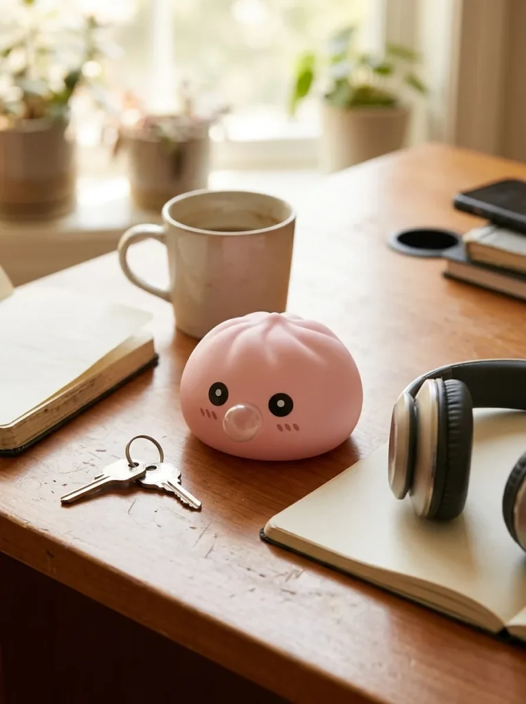 Dumpling Squishy Rose Moelleux Doux posé sur un bureau, dans le quotidien
