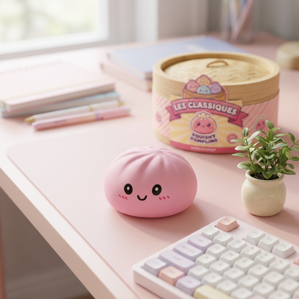 Pink Squishy Dumpling Fleur Douceur en ambiance sur un bureau