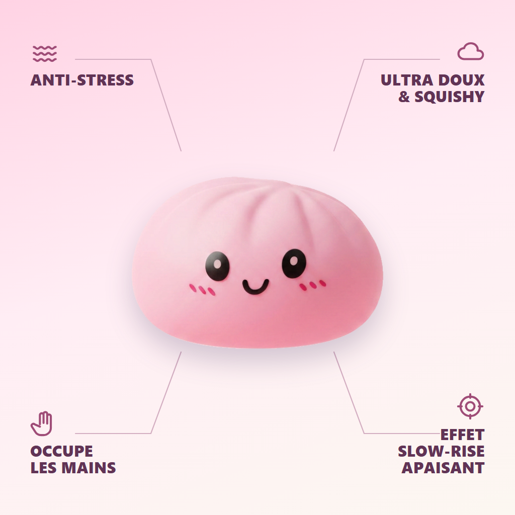 Pink Squishy Dumpling Fleur Douceur — anti-stress, ultra doux, effet slow-rise