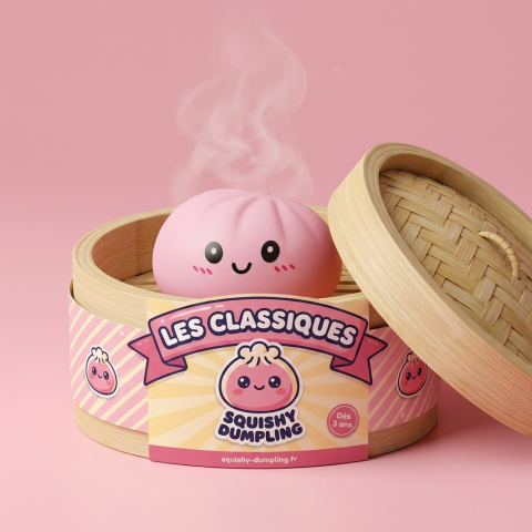 Pink Squishy Dumpling Fleur Douceur dans sa boîte panier vapeur bambou