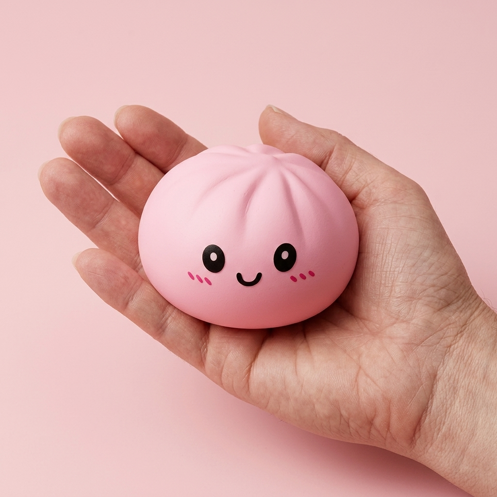Pink Squishy Dumpling Fleur Douceur tenu en main, taille réelle