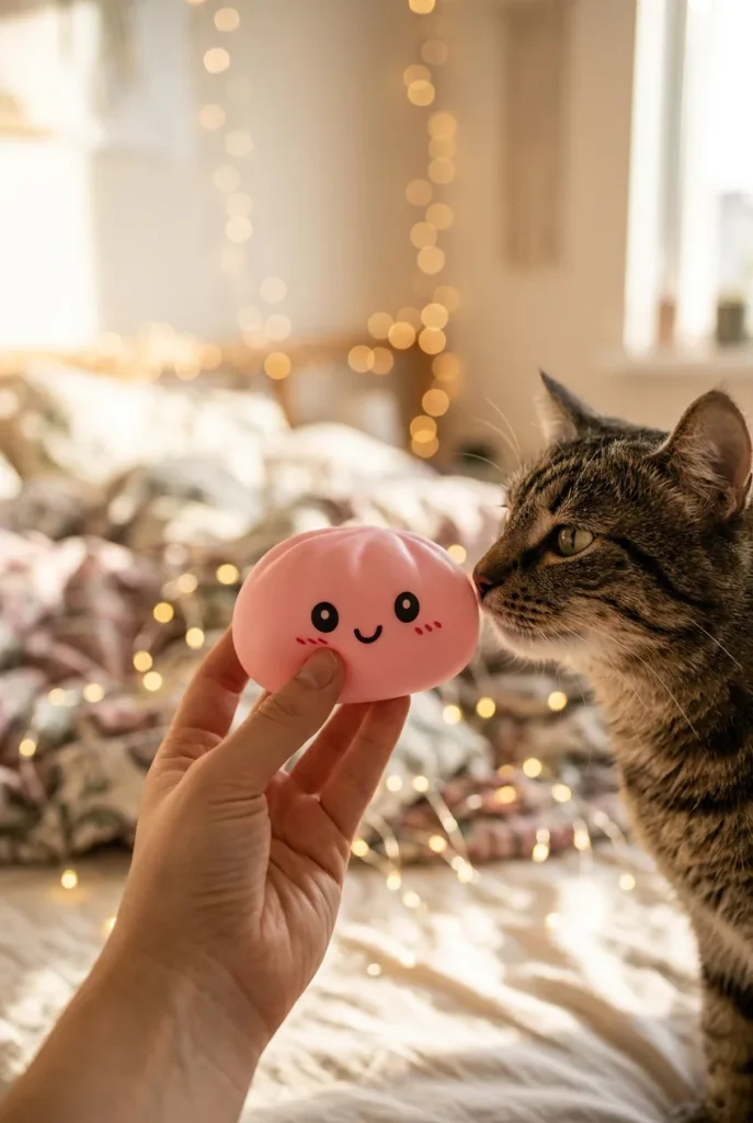 Pink Squishy Dumpling Fleur Douceur tenu près d'un animal de compagnie curieux