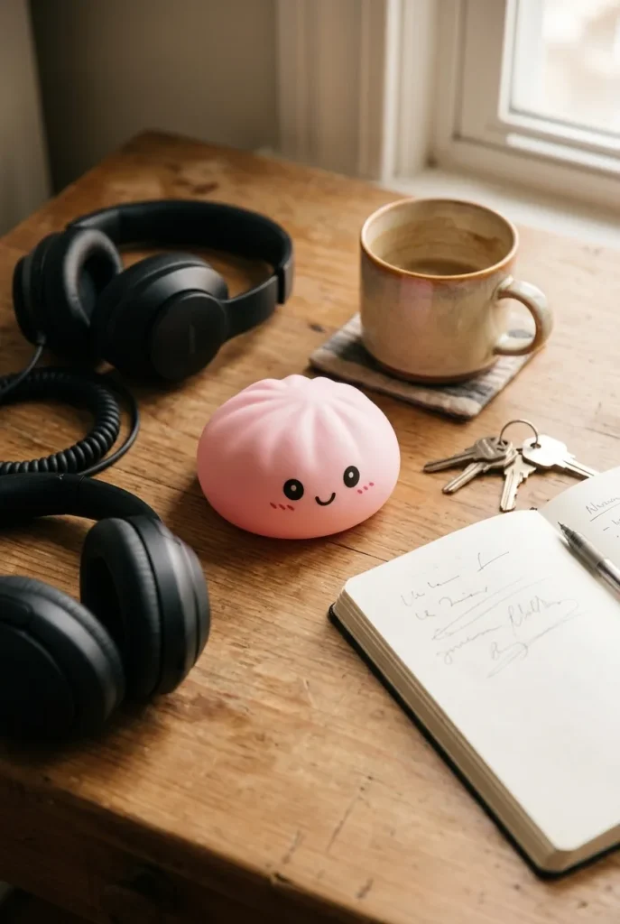 Pink Squishy Dumpling Fleur Douceur posé sur un bureau, dans le quotidien