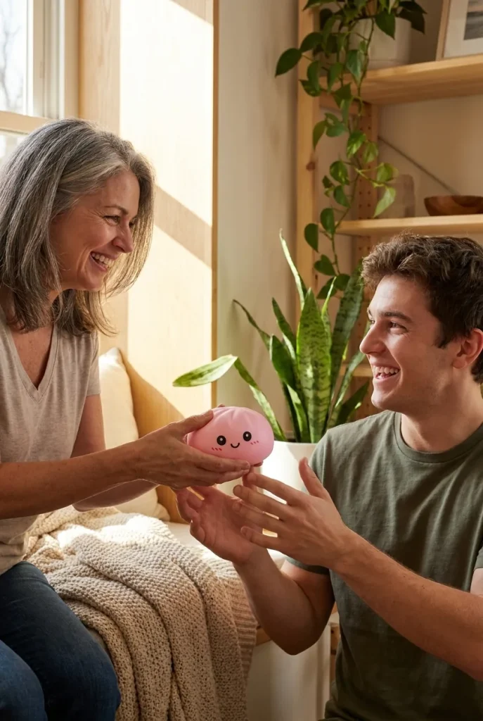 Pink Squishy Dumpling Fleur Douceur offert en cadeau entre deux personnes
