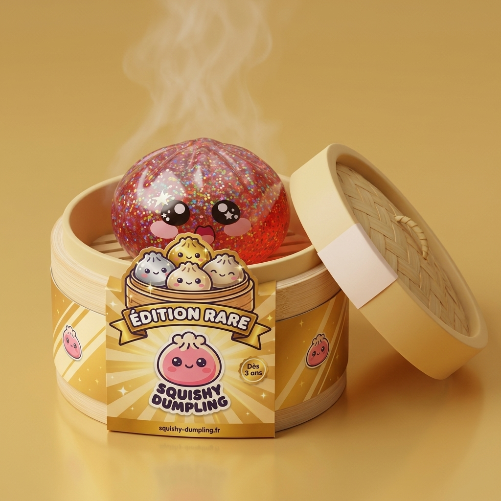 Galaxy Dumpling Squishy Rose Kawaii dans sa boîte panier vapeur bambou