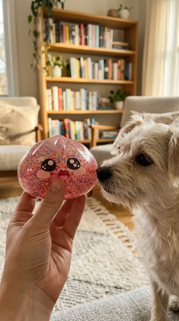 Galaxy Dumpling Squishy Rose Kawaii tenu près d'un animal de compagnie curieux