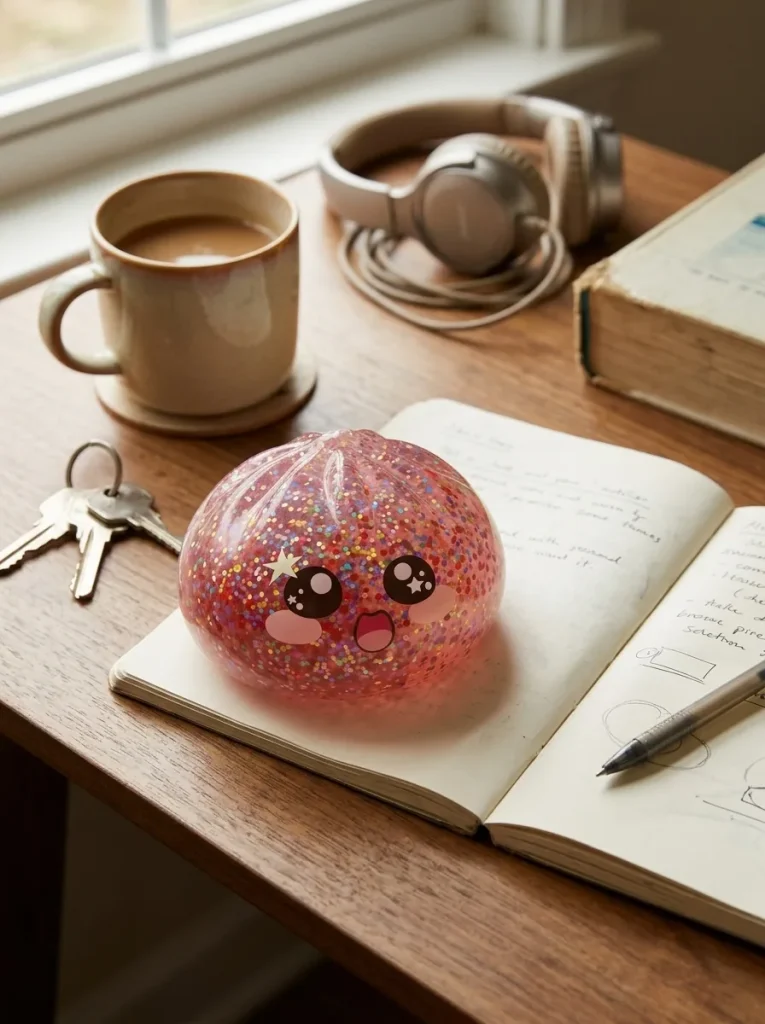 Galaxy Dumpling Squishy Rose Kawaii posé sur un bureau, dans le quotidien