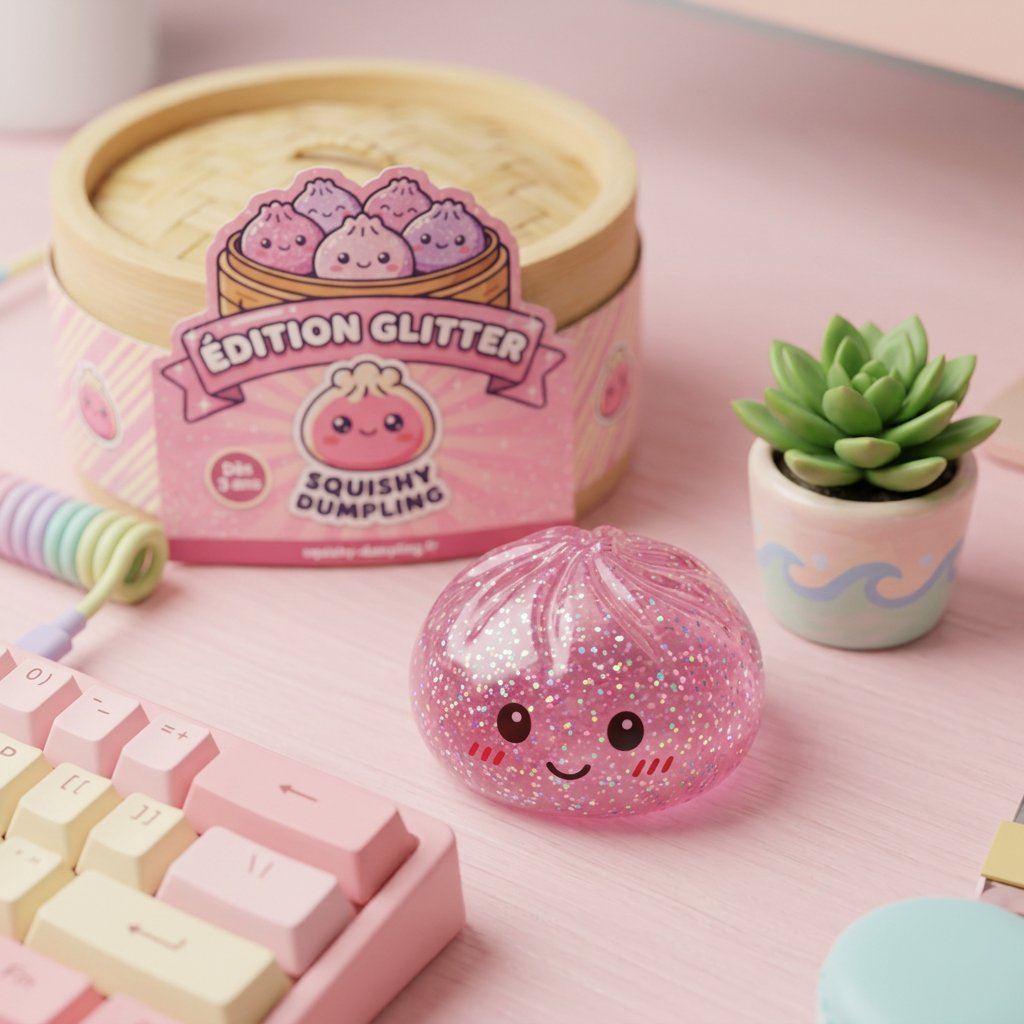 Glitter Dumpling Squishy Rose Kawaii en ambiance sur un bureau