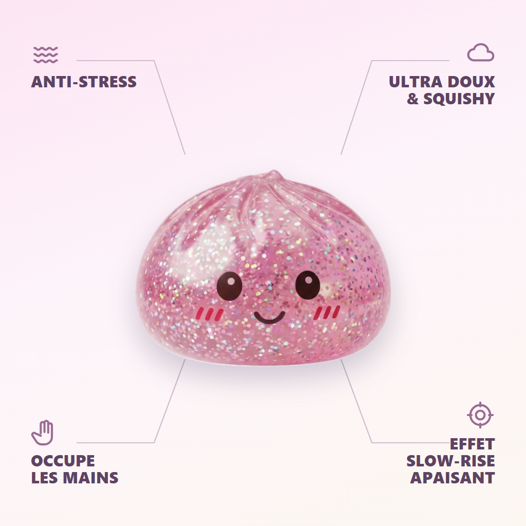 Glitter Dumpling Squishy Rose Kawaii — anti-stress, ultra doux, effet slow-rise
