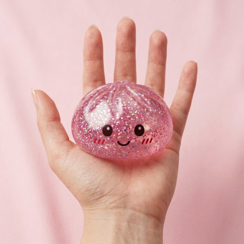 Glitter Dumpling Squishy Rose Kawaii tenu en main, taille réelle