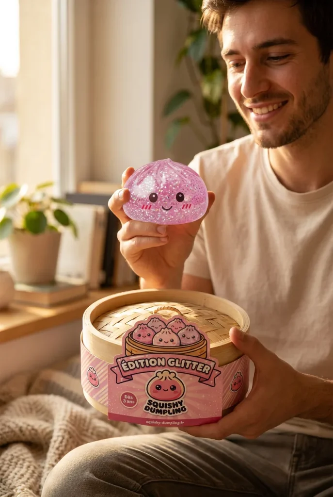 Glitter Dumpling Squishy Rose Kawaii présenté avec sa boîte panier vapeur — photo client