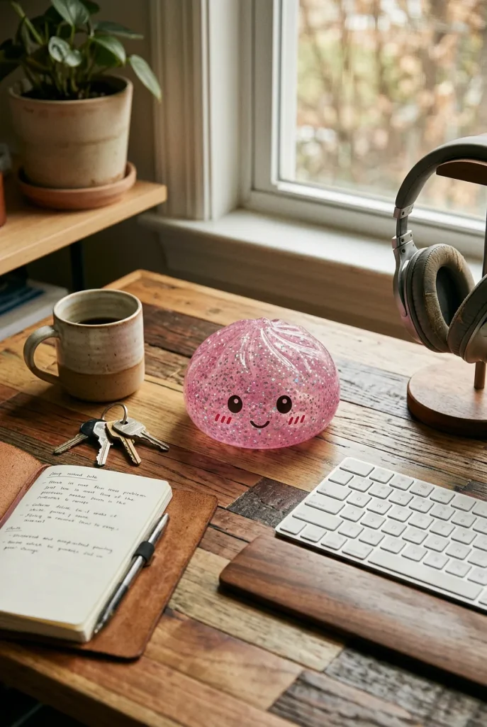 Glitter Dumpling Squishy Rose Kawaii posé sur un bureau, dans le quotidien