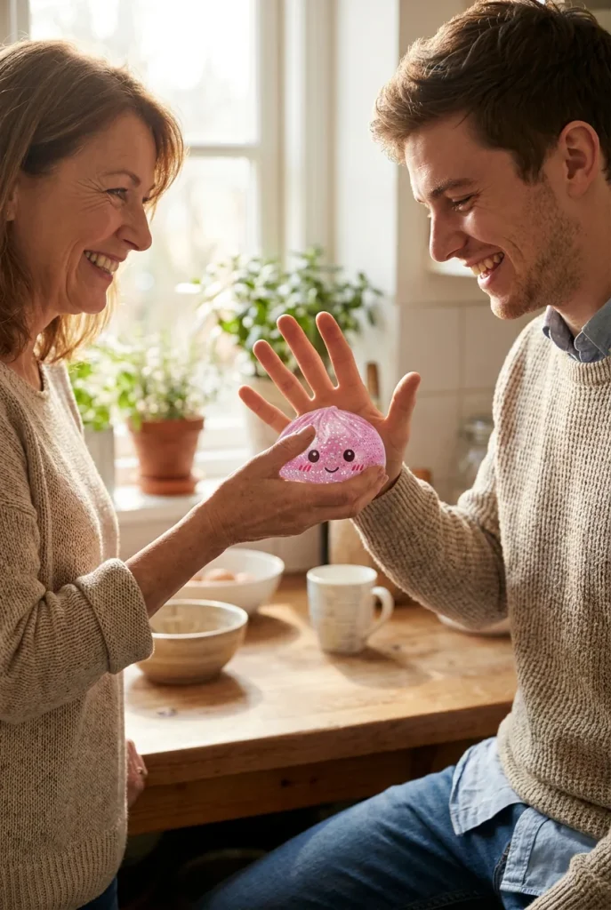 Glitter Dumpling Squishy Rose Kawaii offert en cadeau entre deux personnes