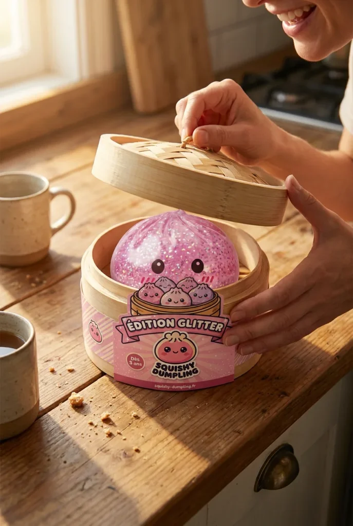 Déballage du Glitter Dumpling Squishy Rose Kawaii — la boîte panier vapeur s'ouvre