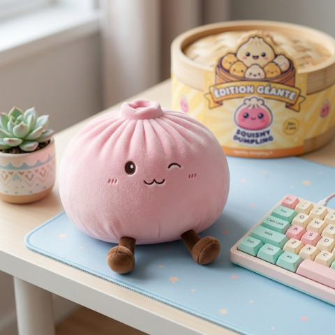 Squishy Dumpling Toy Rose Géant en ambiance sur un bureau