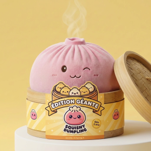 Squishy Dumpling Toy Rose Géant dans sa boîte panier vapeur bambou
