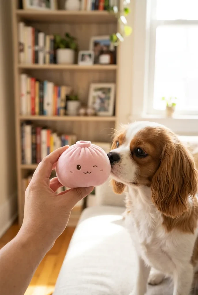 Squishy Dumpling Toy Rose Géant tenu près d'un animal de compagnie curieux
