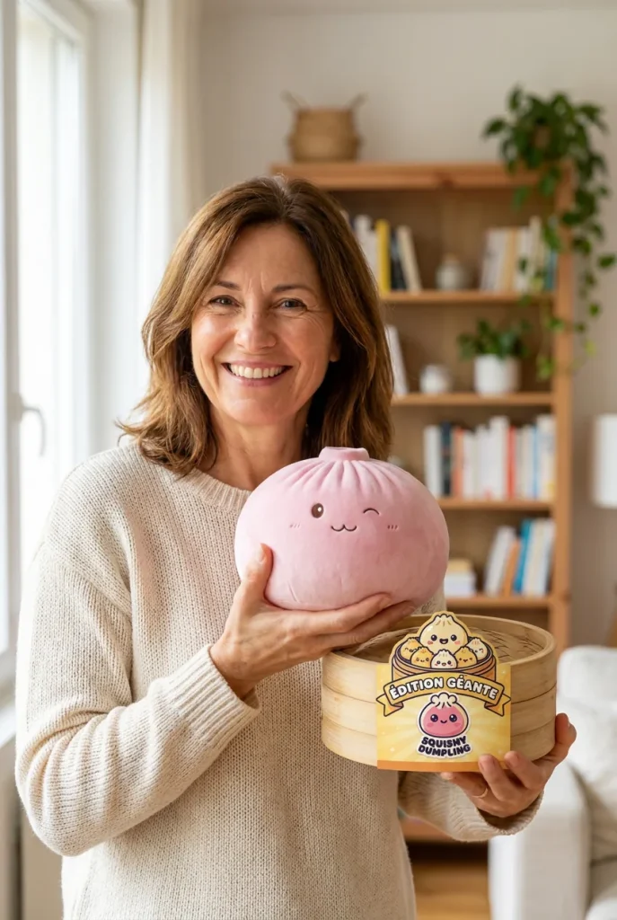 Squishy Dumpling Toy Rose Géant présenté avec sa boîte panier vapeur — photo client