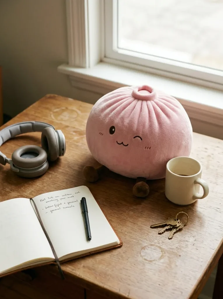 Squishy Dumpling Toy Rose Géant posé sur un bureau, dans le quotidien
