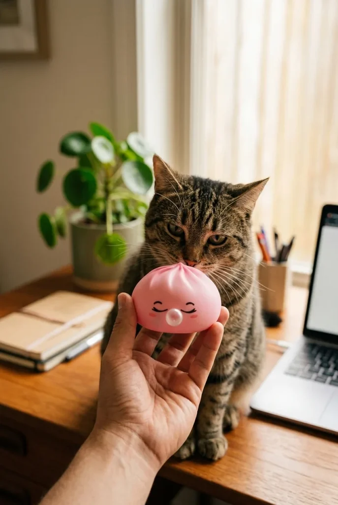 Squishy Dumpling Rose Rare Blow tenu près d'un animal de compagnie curieux