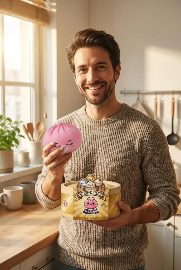 Squishy Dumpling Rose Rare Blow présenté avec sa boîte panier vapeur — photo client
