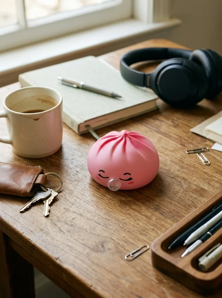 Squishy Dumpling Rose Rare Blow posé sur un bureau, dans le quotidien