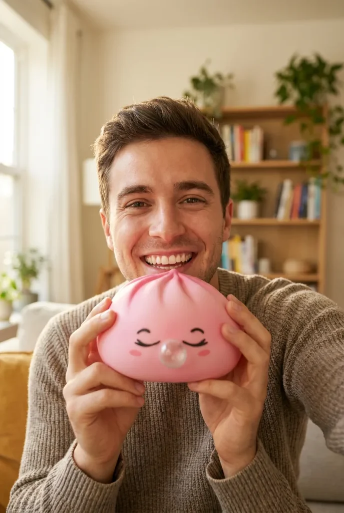 Squishy Dumpling Rose Rare Blow tenu près du visage — photo client