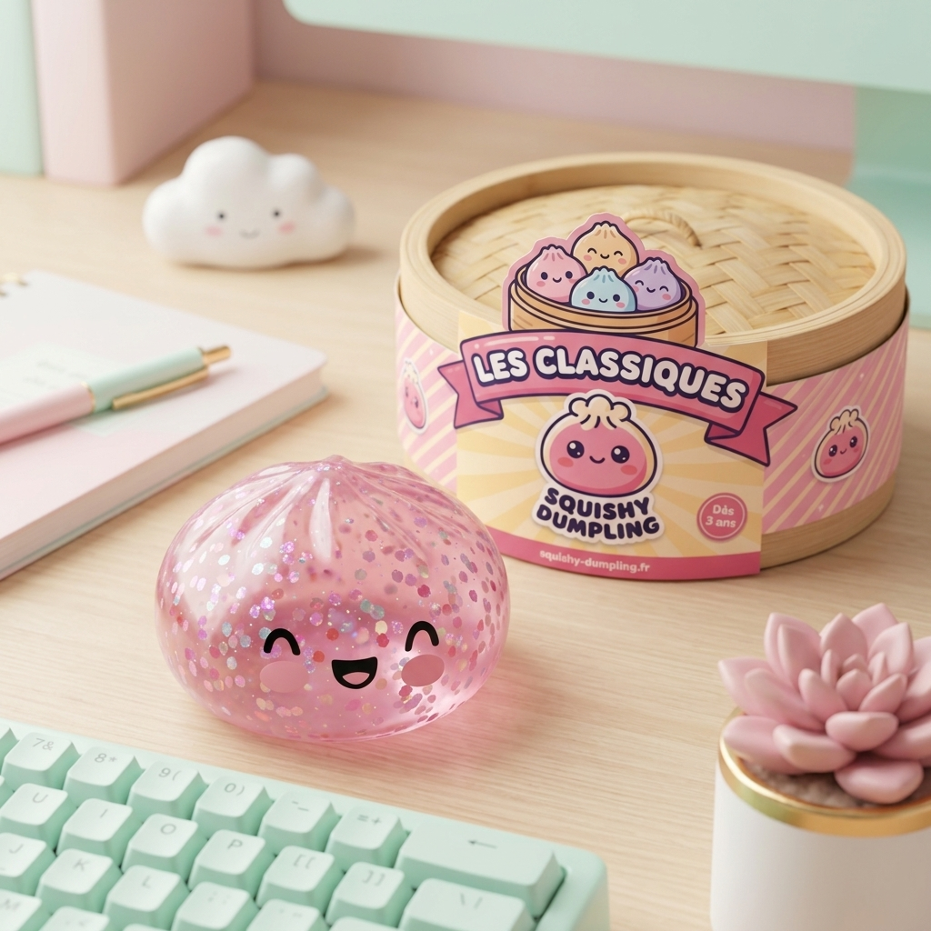 Dumpling Squishy Rose Bubblegum Sparkle en ambiance sur un bureau