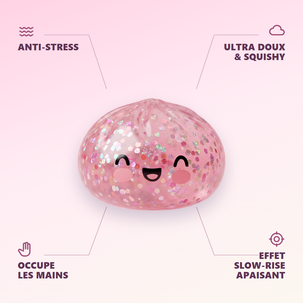 Dumpling Squishy Rose Bubblegum Sparkle — anti-stress, ultra doux, effet slow-rise