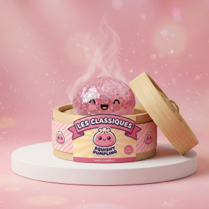Dumpling Squishy Rose Bubblegum Sparkle dans sa boîte panier vapeur façon bambou