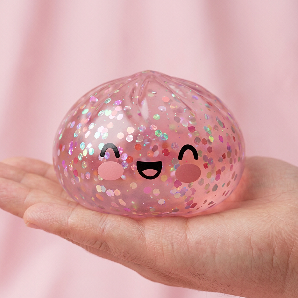 Dumpling Squishy Rose Bubblegum Sparkle tenu en main, taille réelle