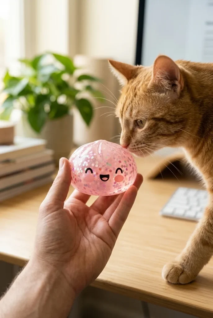 Dumpling Squishy Rose Bubblegum Sparkle tenu près d'un animal de compagnie curieux