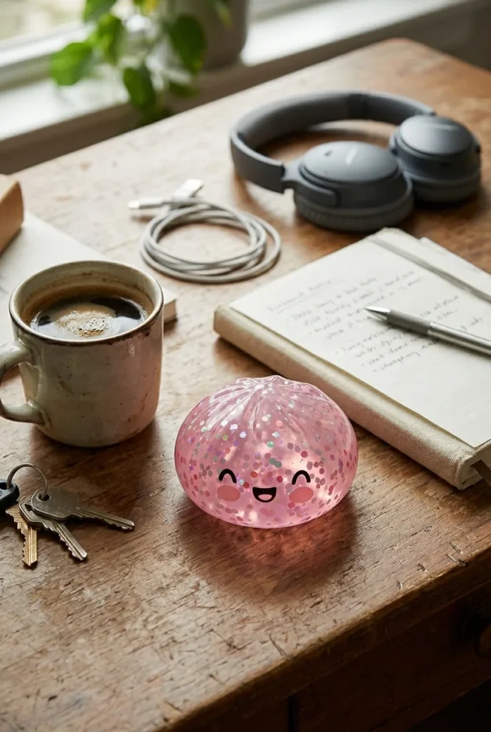 Dumpling Squishy Rose Bubblegum Sparkle posé sur un bureau, dans le quotidien