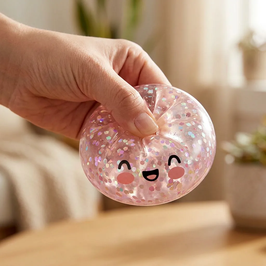 Dumpling Squishy Rose Bubblegum Sparkle pressé dans la main — effet squishy slow-rise