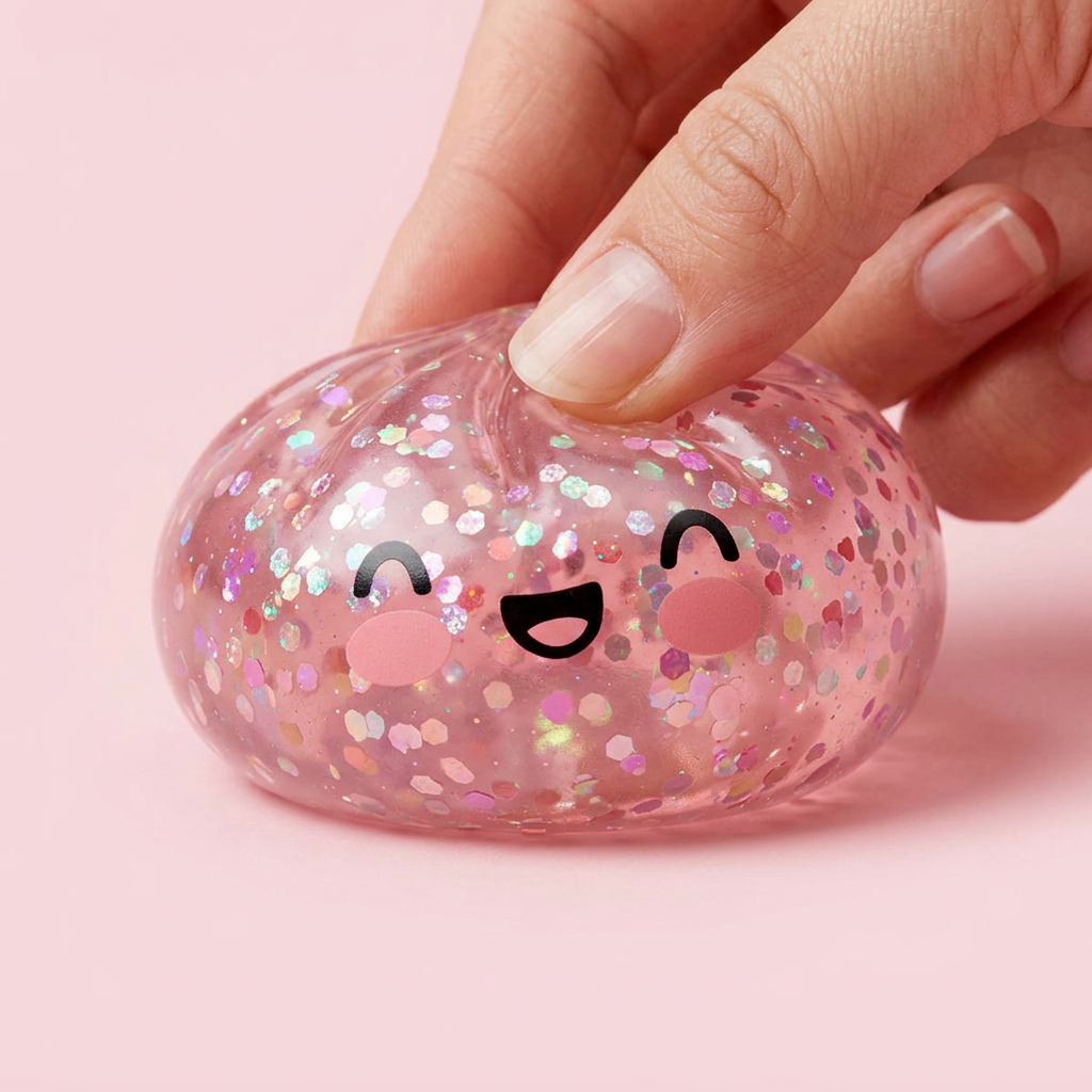 Dumpling Squishy Rose Bubblegum Sparkle pressé dans la main, matière squishy
