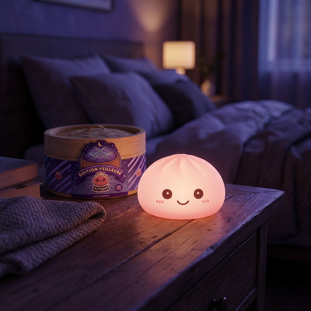 Veilleuse Dumpling Squishy Rose Tendre en ambiance sur un bureau