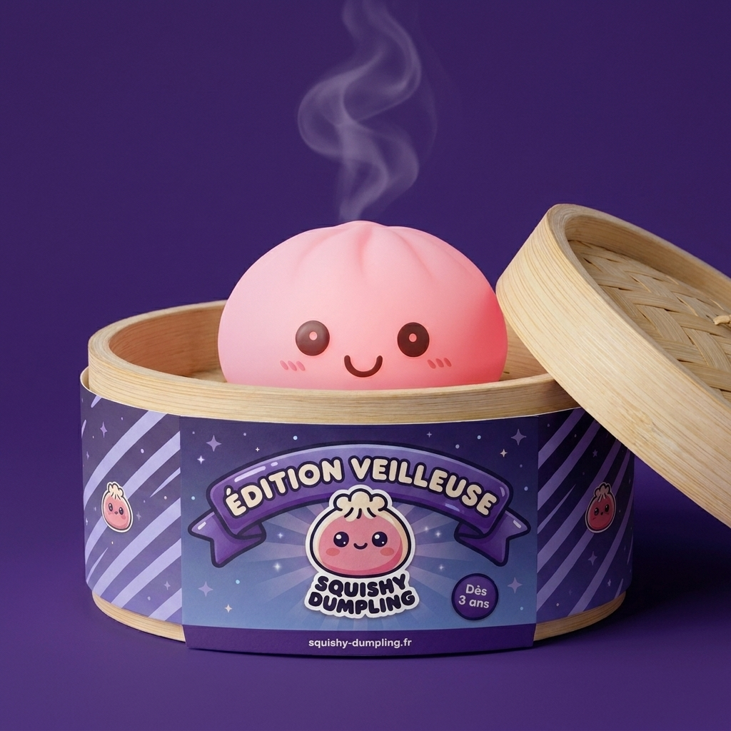 Veilleuse Dumpling Squishy Rose Tendre dans sa boîte panier vapeur bambou