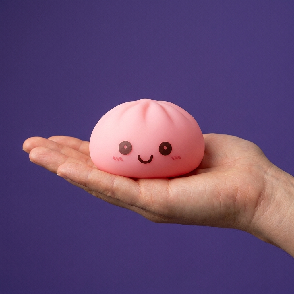Veilleuse Dumpling Squishy Rose Tendre tenu en main, taille réelle