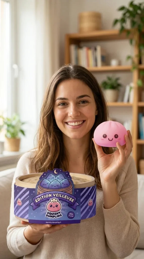 Veilleuse Dumpling Squishy Rose Tendre présenté avec sa boîte panier vapeur — photo client