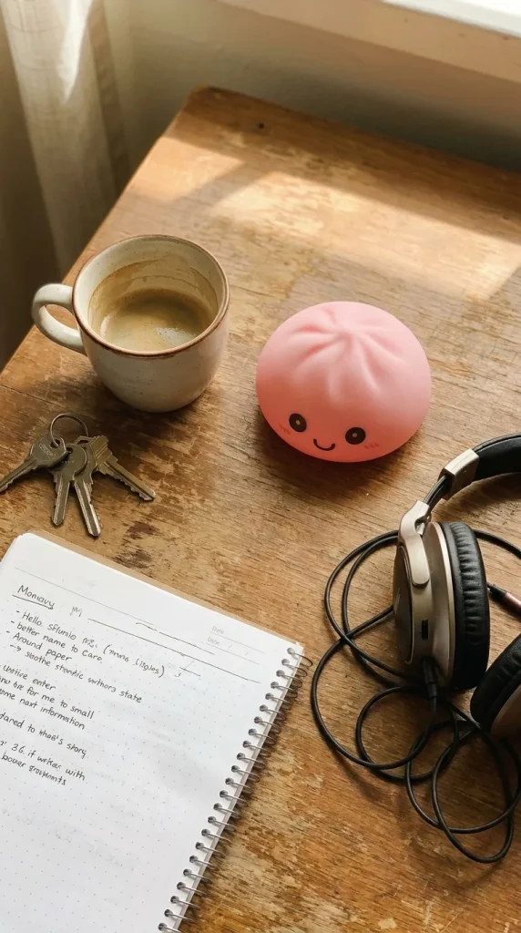 Veilleuse Dumpling Squishy Rose Tendre posé sur un bureau, dans le quotidien