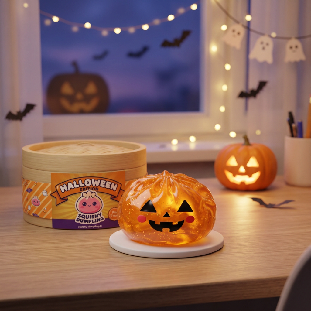 Squishy Dumpling Citrouille Halloween Lumineuse en ambiance sur un bureau