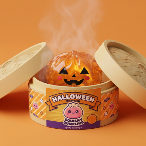 Squishy Dumpling Citrouille Halloween Lumineuse dans sa boîte panier vapeur façon bambou