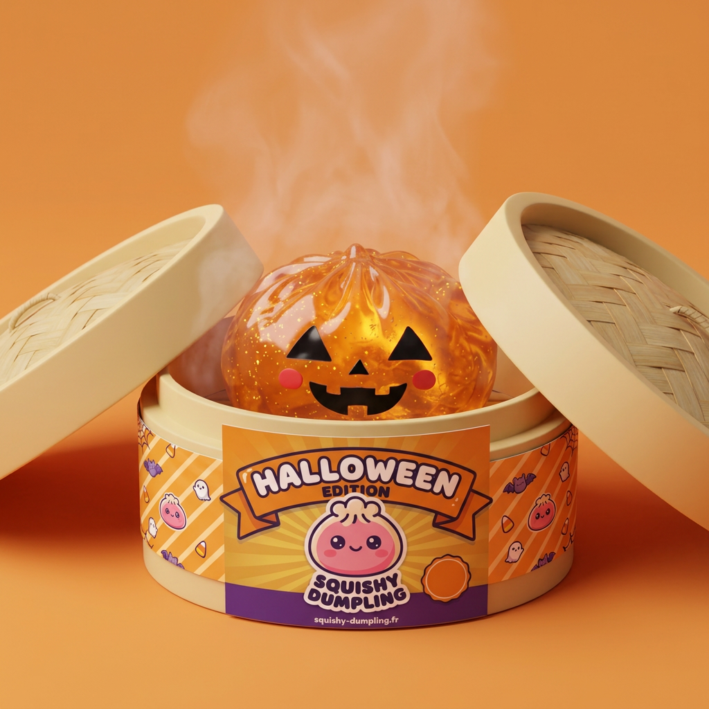 Squishy Dumpling Citrouille Halloween Lumineuse dans sa boîte panier vapeur façon bambou