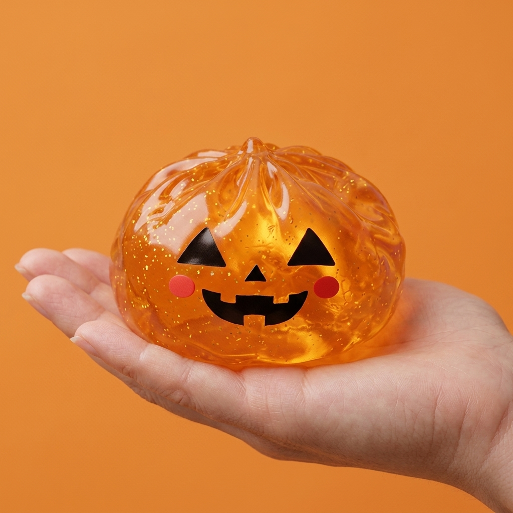 Squishy Dumpling Citrouille Halloween Lumineuse tenu en main, taille réelle
