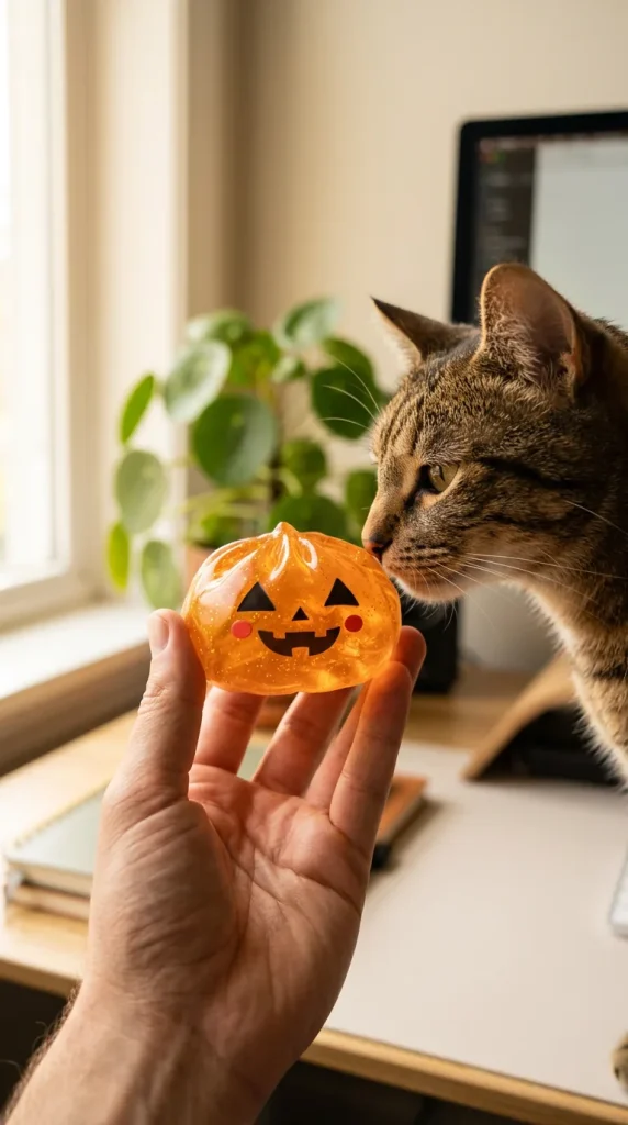 Squishy Dumpling Citrouille Halloween Lumineuse tenu près d'un animal de compagnie curieux
